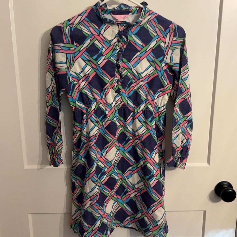 Lilly Pulitzer Dress Girls 10 Multicolor Geometric Long Sleeve Ruffle Lined Prep